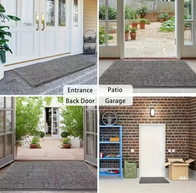 Calm Paws Muddy Paw Door Mat shown at entrance, patio, back door, and garage