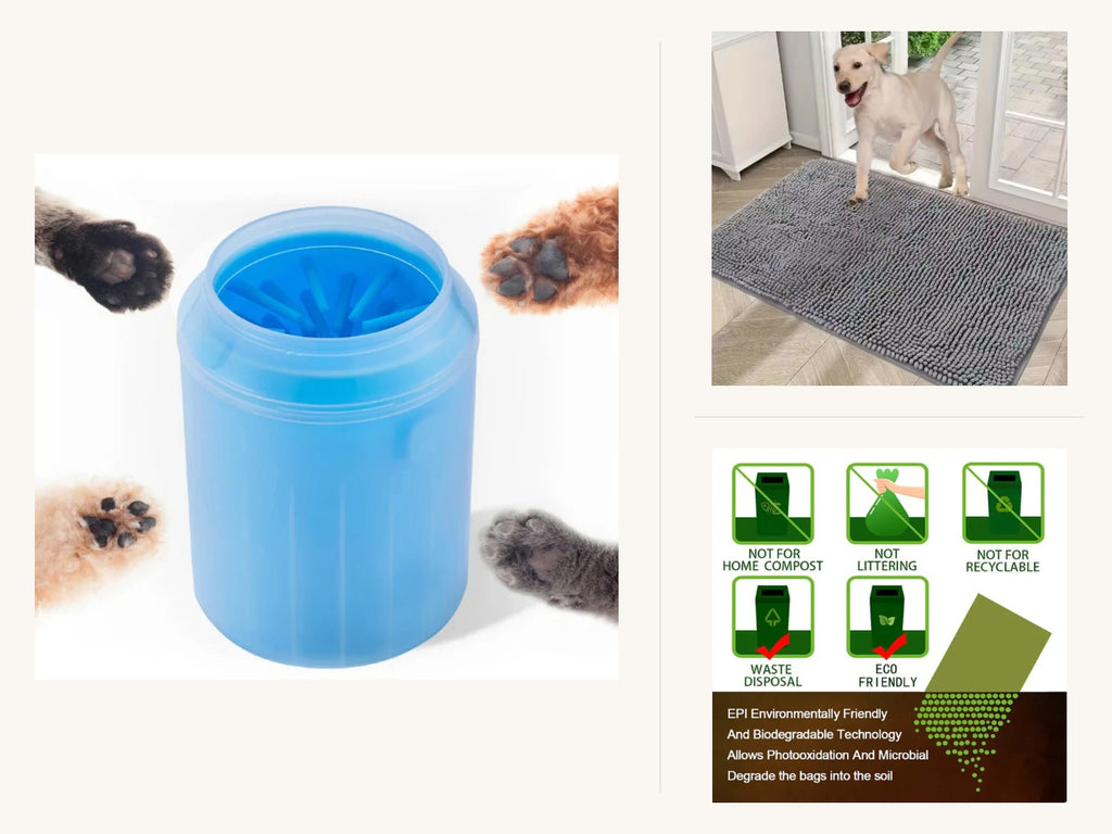 Coming Home Kit: muddy paw cleaner cup, door mat and poop bags shown together